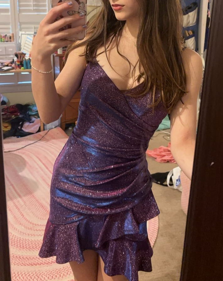 Shiny Homecoming Dress Dark Purple Spaghetti Straps Pleated Back to School Outfits Short Birthday Party Dress P5001