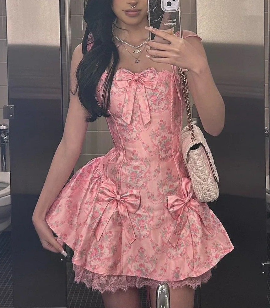 Beauty Homecoming Dress A Line Spaghetti Straps Bowknot Print Short Birthday Party Dress Cocktail Dress P5004