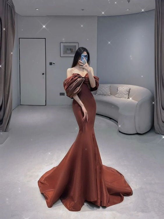 Unique Mermaid Off The Shoulder Brown Long Prom Dress P579 – PreppyDress