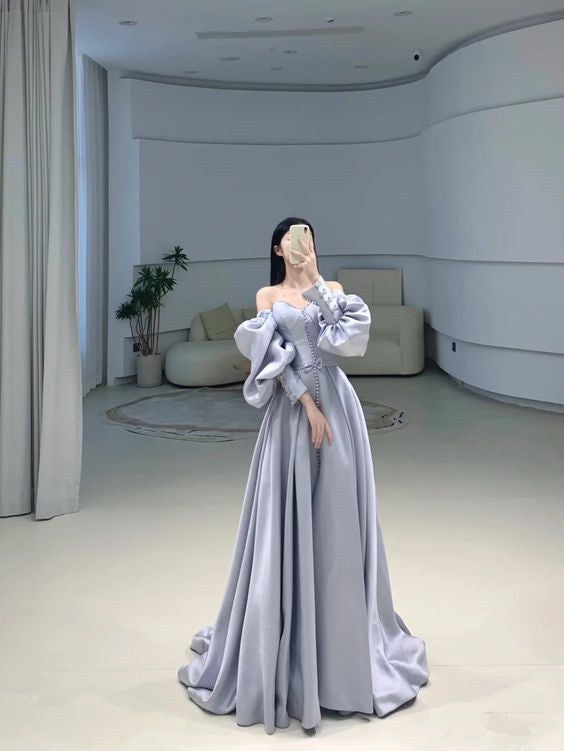 Robe de bal sirène unique, épaules dénudées, manches longues, gris-bleu, P582