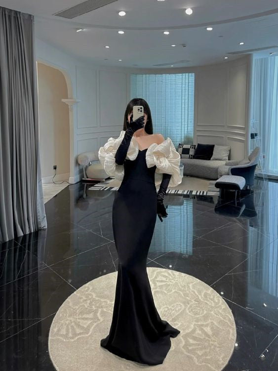 Unique Mermaid Sweetheart Black Long Prom Dress With Sleeves P584 PreppyDress Unique Mermaid Sweetheart Black Long Prom Dress With Sleeves P584 PreppyDress