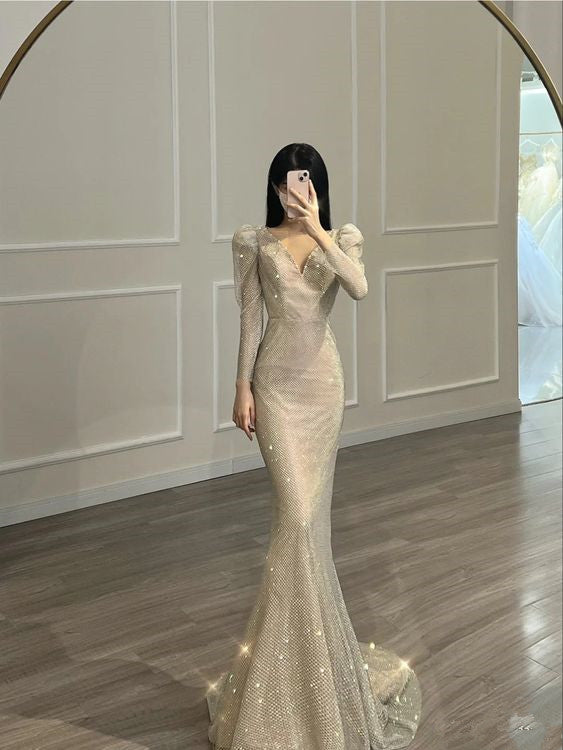 Unique Mermaid V neckline Sequin Champagne Long Prom Dress With Sleeve PreppyDress Unique Mermaid V neckline Sequin Champagne Long Prom Dress With Sleeve PreppyDress