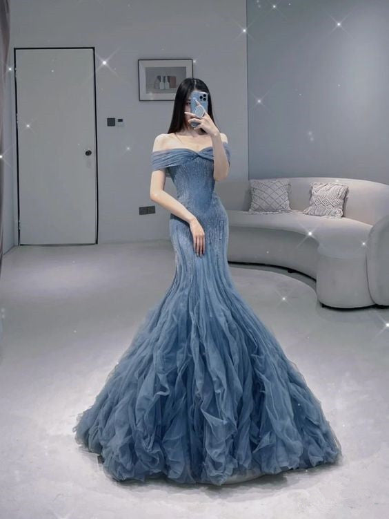 Unique Mermaid Off The Shoulder Tulle Long Gray Blue Prom Dress P587 – PreppyDress
