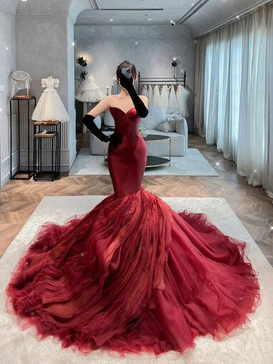 Red Prom Dresses Mermaid Sweetheart Tulle Long Prom Dress P592