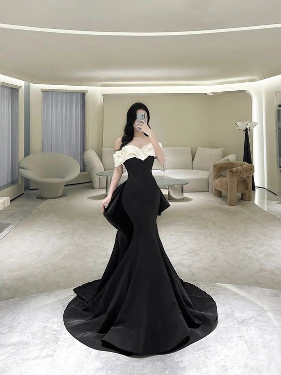 Black Prom Dresses Mermaid Off The Shoulder Long Prom Dress With Bownot P594