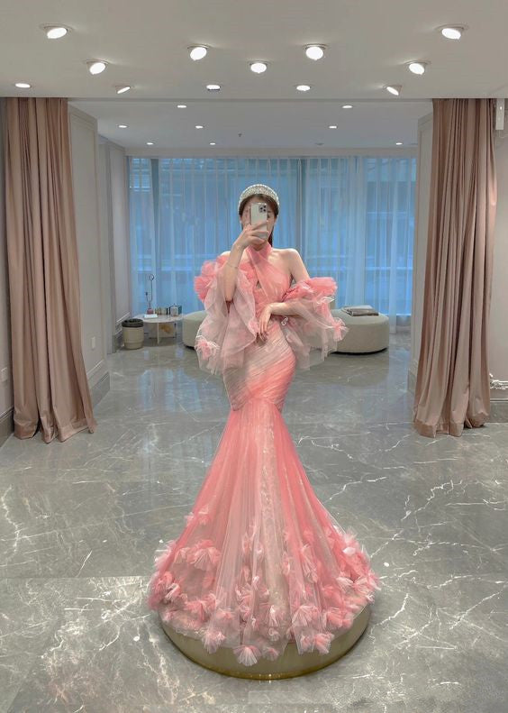 Modest Mermaid Halter Pink Long Prom Dress P596 Modest Mermaid Halter Pink Long Prom Dress P596