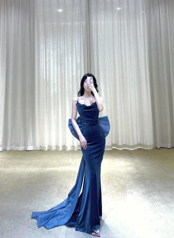 Modest Mermaid Velvet Navy Blue Long Prom Dress With Bow P600 – PreppyDress