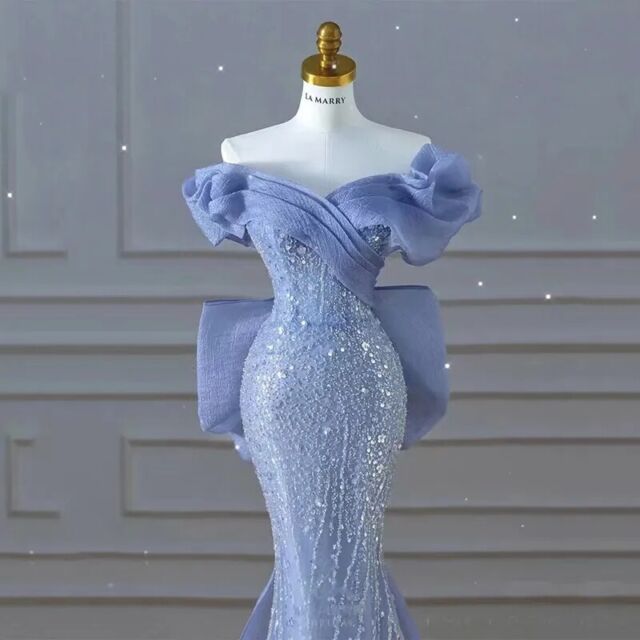 Sparkly Blue Prom Dresses With Bow Sequins Off The Shoulder Prom Dress P605