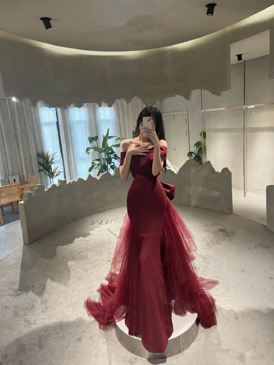 Mermaid Off Shoulder Evening Dress with Bow Burgundy Prom Dress P608 PreppyDress Mermaid Off Shoulder Evening Dress with Bow Burgundy Prom Dress P608 PreppyDress