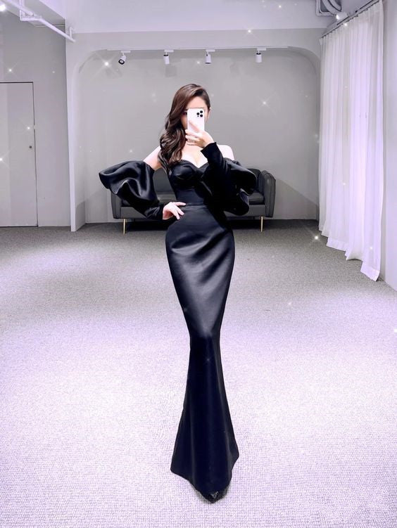 Einfaches Meerjungfrau Schwarzes Ballkleid Satin Langes Abendkleid P615