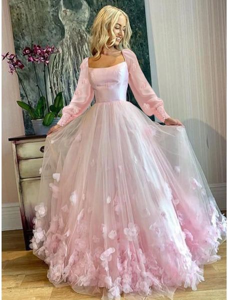 A-Line Prom Dresses Maxi Dress Floor Length Long Sleeves Tulle with Appliques 22th Birthday Outfits P649 - PINK / US2 A-Line Prom Dresses Maxi Dress Floor Length Long Sleeves Tulle with Appliques 22th Birthday Outfits P649 - PINK / US2
