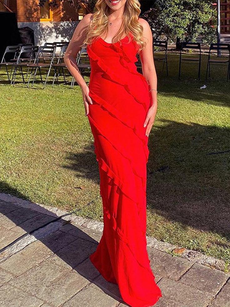 Elegant Mermaid Spaghetti Straps Red Prom Dress 21th Birthday Outfit P663