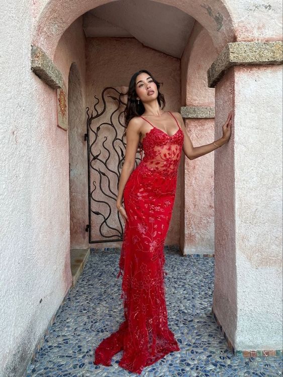 Beautiful Spaghetti Straps Birthday Party Dresses Red Lace Prom Dresses P691 AS PHOTO US2