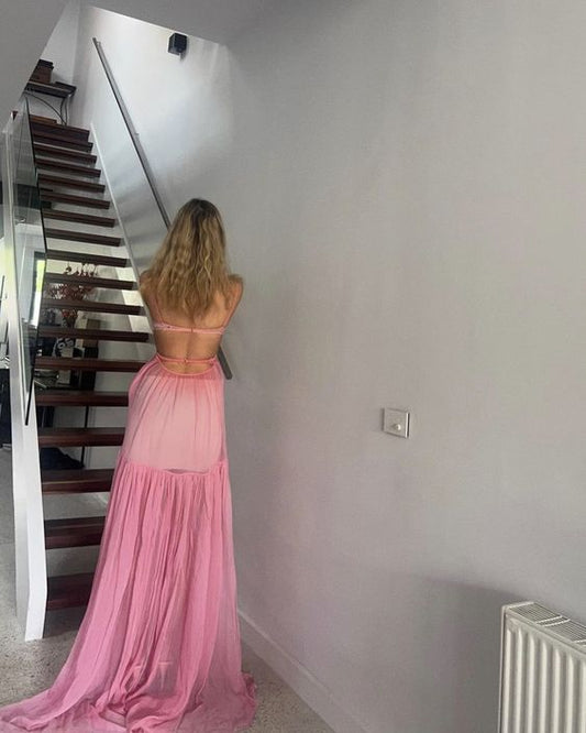 Une robe de soirée rose sans dos, longue robe de bal rose P825