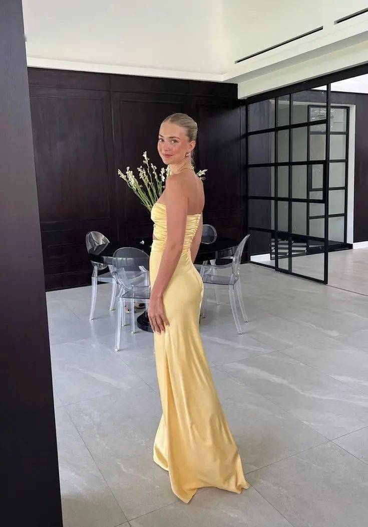 Meerjungfrau gelbes Seidensatin Abendkleid langes Ballkleid P826