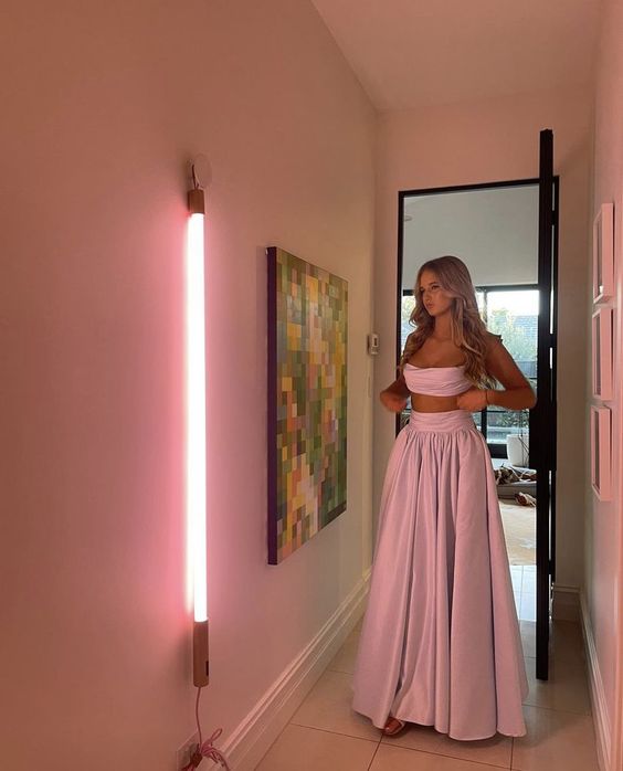 Robe de soirée rose deux pièces trapèze longue P829