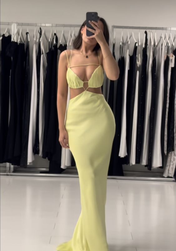 Gelbes Abiballkleid P834: Sexy Meerjungfrauen-Abendkleid aus Seidensatin mit Trägern