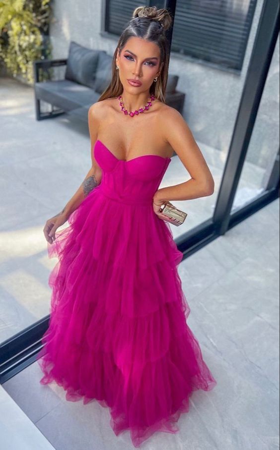 Ball Gown Hot Pink Sweetheart Tulle Party Dress Prom Dress P836 As Photo US2