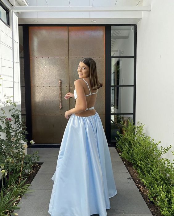 Sexy A line Straps Sleeveless Party Dress Light Sky Blue Backless Prom Dress P852