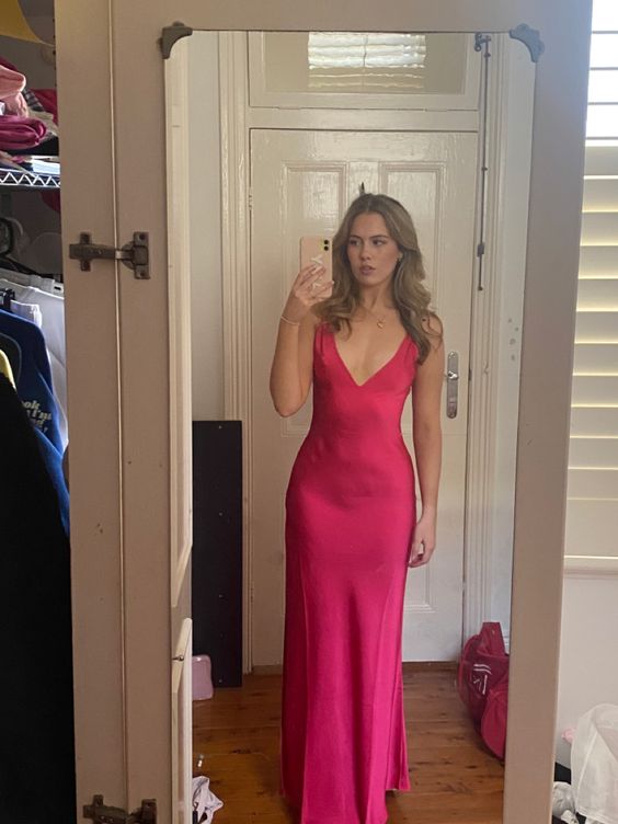 Sexy A-Linien-Partykleid mit V-Ausschnitt, ärmellos, in Hot Pink, Ballkleid P855