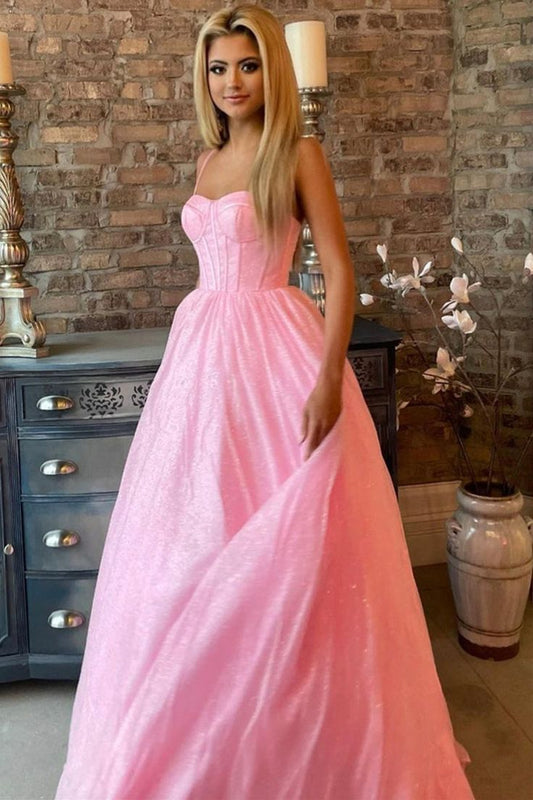 Sexy A-Linien Spaghettiträger Ärmelloses Partykleid Rosa Ballkleid P860