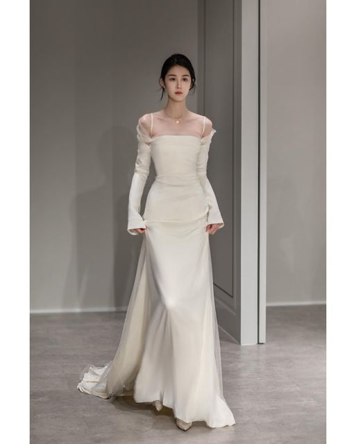 Mermaid Plain Spliced Off shoulder Satin Elegant Long Sleeve Wedding D PreppyDress Mermaid Plain Spliced Off shoulder Satin Elegant Long Sleeve Wedding D PreppyDress