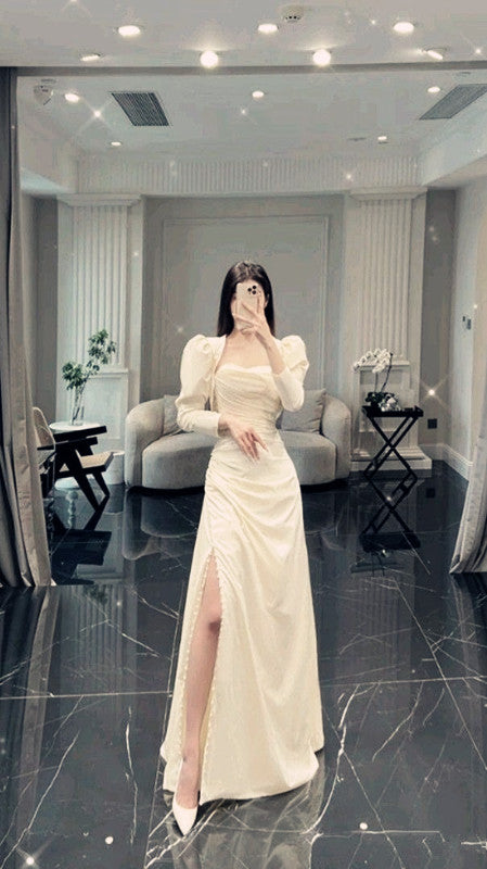 Mermaid Square Neckline Satin Elegant Long Sleeves Slit Wedding Dress PreppyDress Mermaid Square Neckline Satin Elegant Long Sleeves Slit Wedding Dress PreppyDress