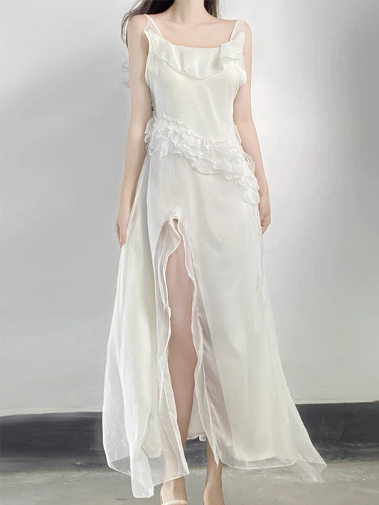 Sexy A-Linien langes Ballkleid mit Schlitz, weißes Abendkleid P933