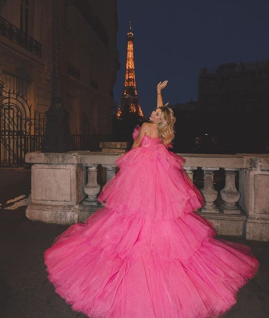 Sexy High-Low Trägerloses Abschlussballkleid aus rosa Tüll P966