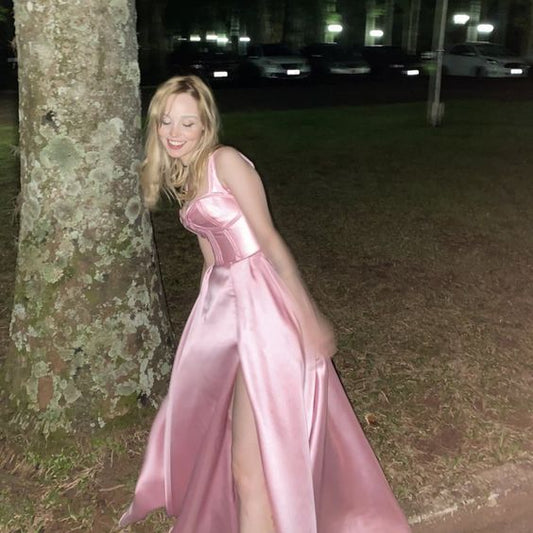 Einfaches A-Linien Träger Rosa Satin Langes Ballkleid P973
