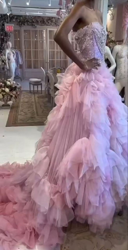 Robe de bal bustier longue en tulle rose P974
