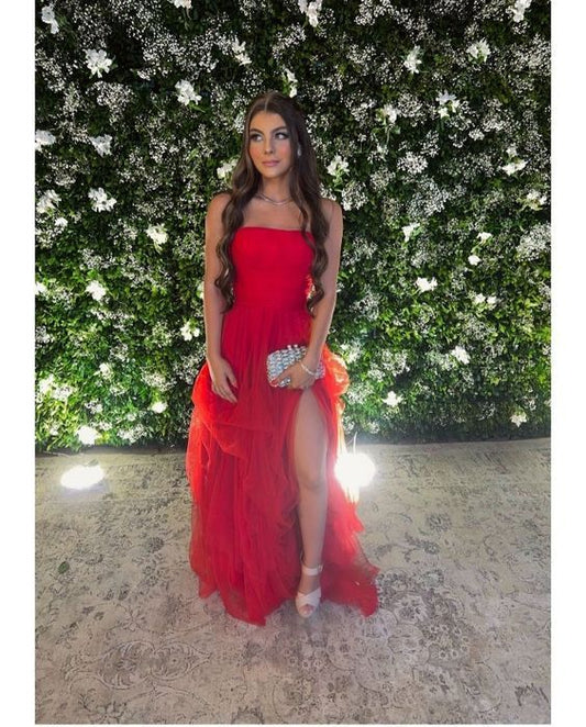 Sexy rotes A-Linien-Maxikleid mit seitlichem Schlitz für Party und Abschlussball P987