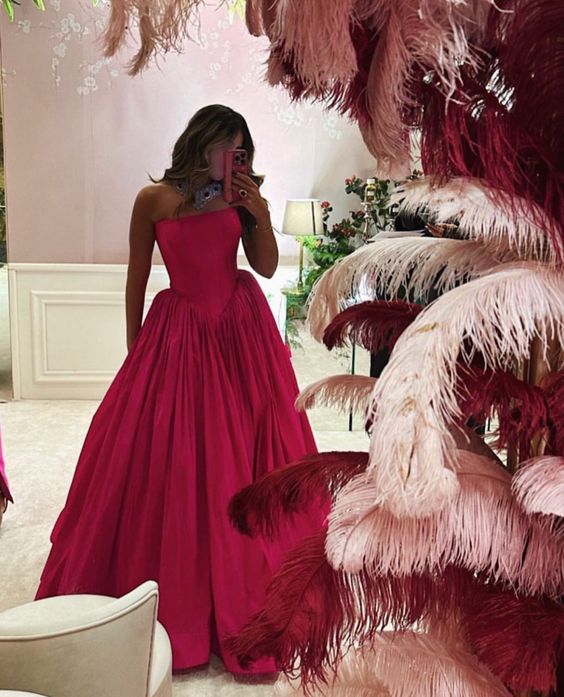 Modest A line Strapless Hot Pink Long Satin Prom Dresses P995 Modest A line Strapless Hot Pink Long Satin Prom Dresses P995