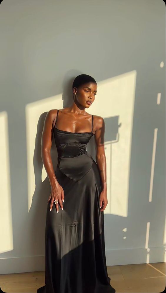 Sexy A line Straps Black Long Satin Prom Dresses P996