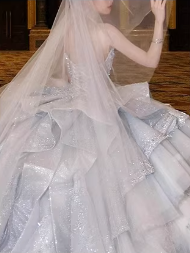 Dreamy Blue Gradient Off-the-shoulder Beaded Luxury Floor-length Wedding Dress P2518