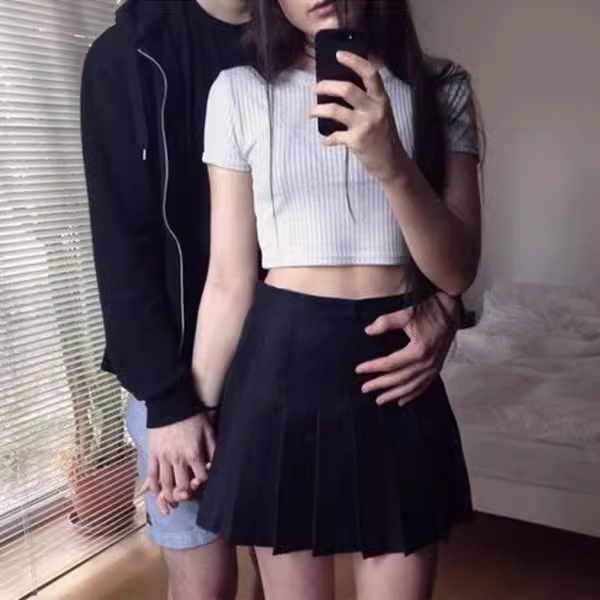 American retro high-waist slim pleated skirt with safety pants P349