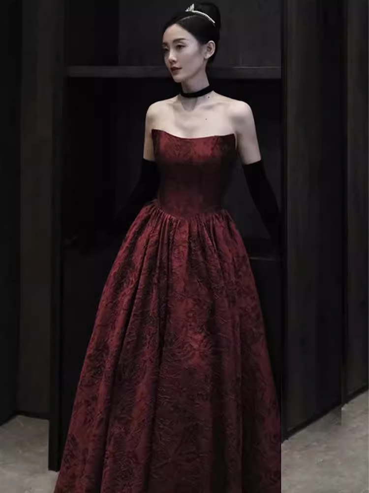 Classic Ball Gown Strapless Satin Burgundy Prom Dresses Long Prom Dress P481