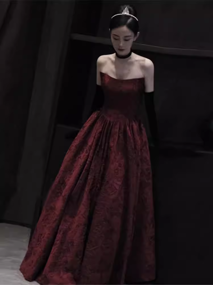Classic Ball Gown Strapless Satin Burgundy Prom Dresses Long Prom Dress P481