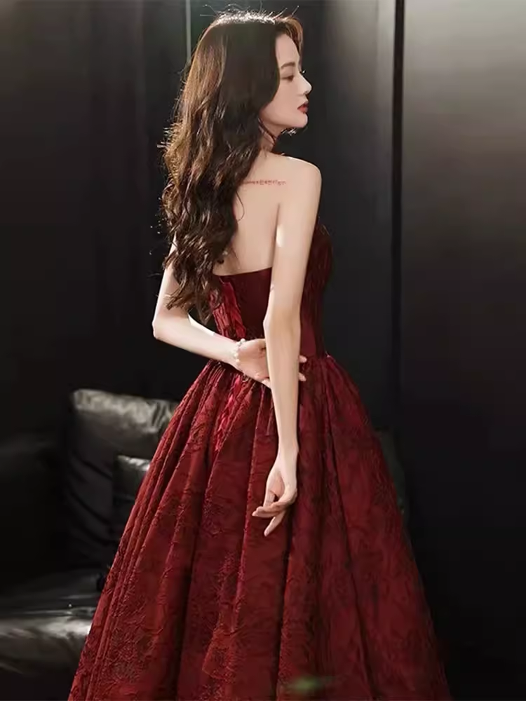 Classic Ball Gown Strapless Satin Burgundy Prom Dresses Long Prom Dress P481