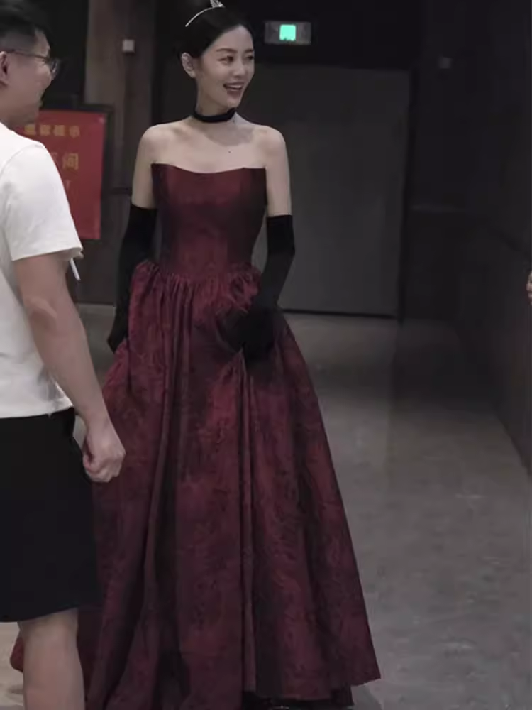 Classic Ball Gown Strapless Satin Burgundy Prom Dresses Long Prom Dress P481