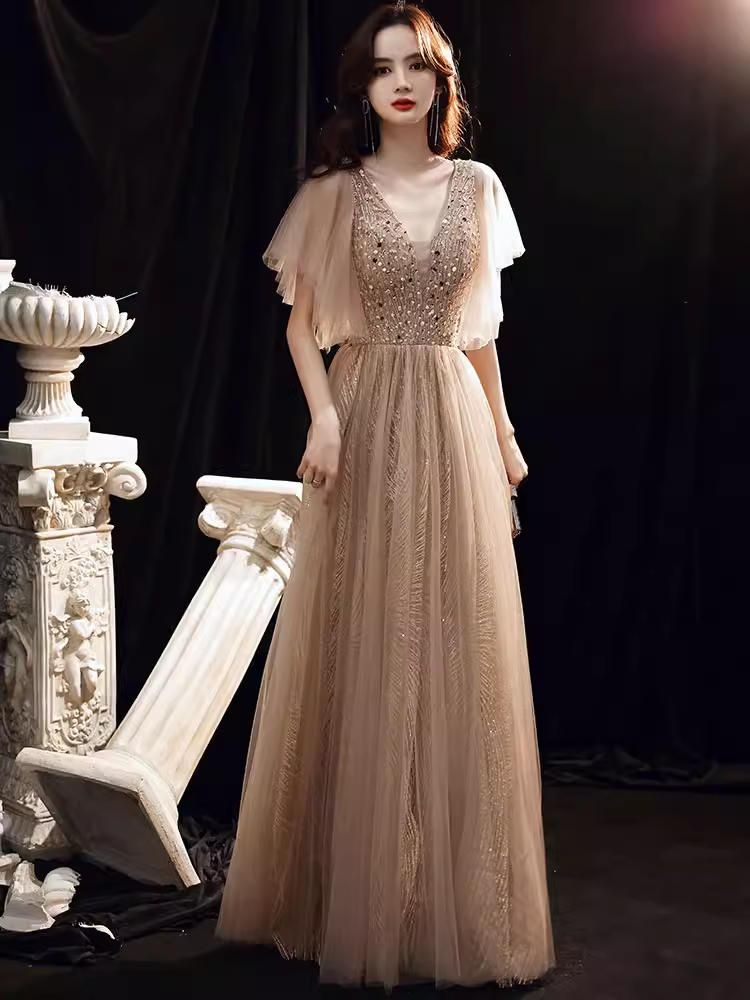 Charming A line Champagne Prom Dress With Puffy Sleeves Long Prom Dres PreppyDress Charming A line Champagne Prom Dress With Puffy Sleeves Long Prom Dres PreppyDress