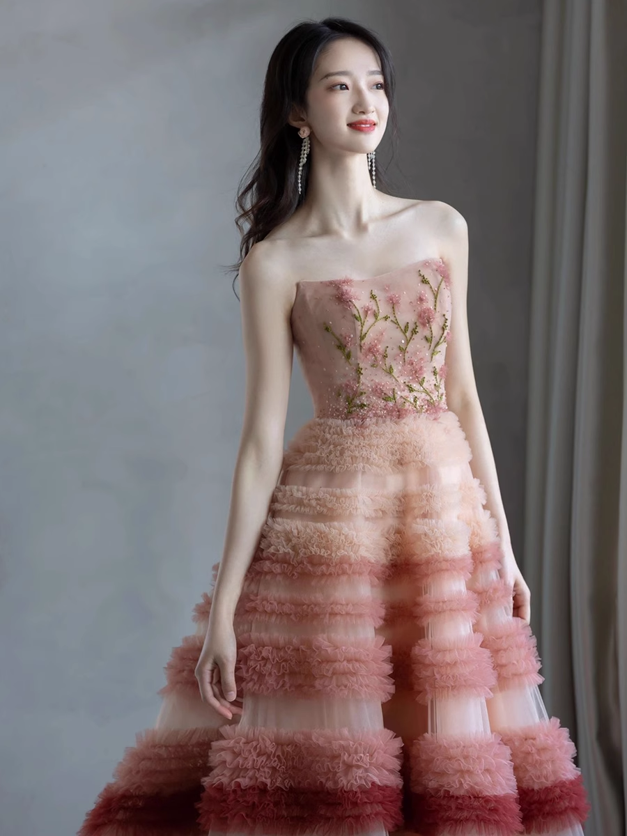 Modest Ball Gown Strapless Pink Tulle Flowers Long Prom Dresses P514