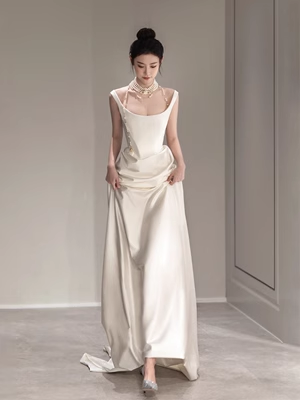 Simple Mermaid Evening Dress Ivory Satin Long Prom Dress P559