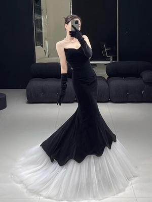 Luxury Mermaid Velvet Evening Dress Black Long Prom Dress With Gloves PreppyDress Luxury Mermaid Velvet Evening Dress Black Long Prom Dress With Gloves PreppyDress