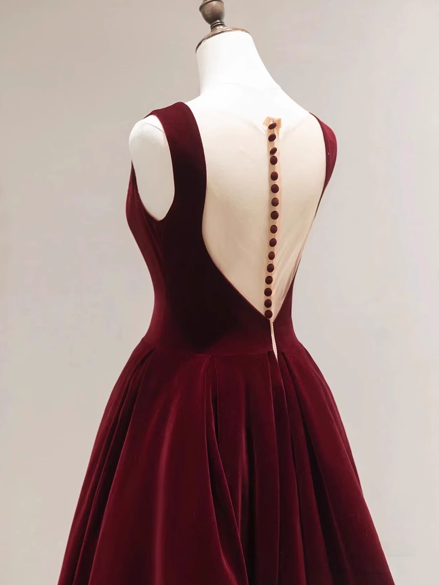 Simple A line Scoop Velvet Burgundy Velvet Long Prom Dresses P509