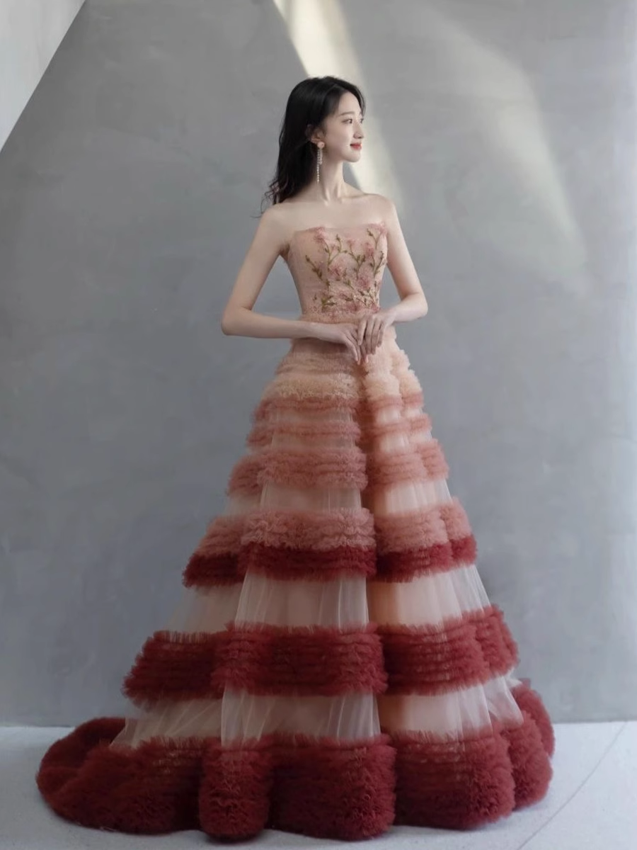 Modest Ball Gown Strapless Pink Tulle Flowers Long Prom Dresses P514