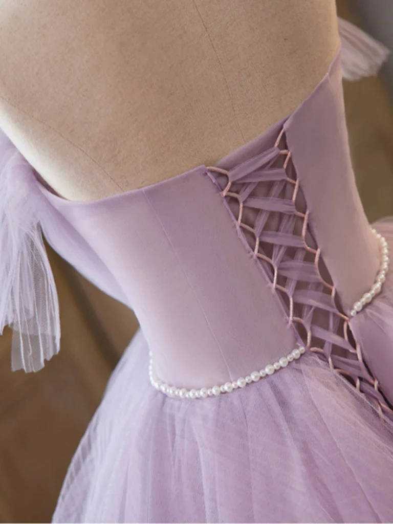 Ball Gown Strapless Lilac Tulle Long Prom Dresses with Pearls Belt P519