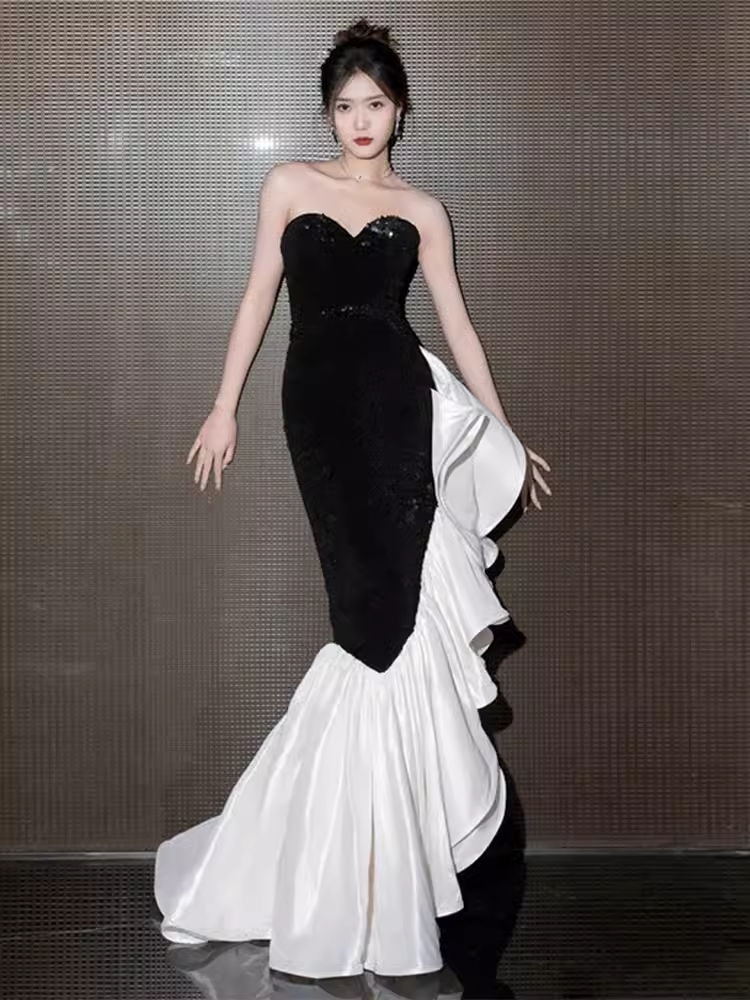 Mermaid Sweetheart Black Satin Prom Dress Long Prom Dresses P542