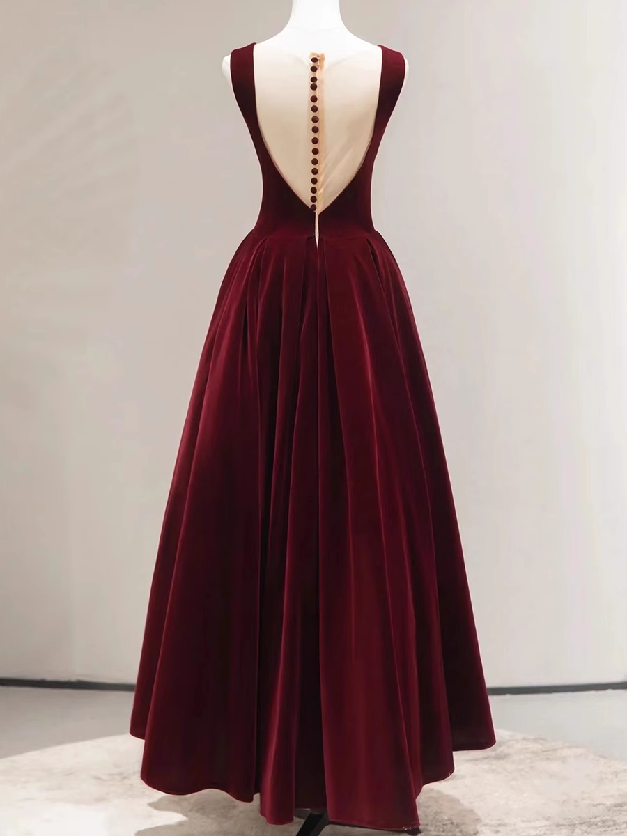 Simple A line Scoop Velvet Burgundy Velvet Long Prom Dresses P509