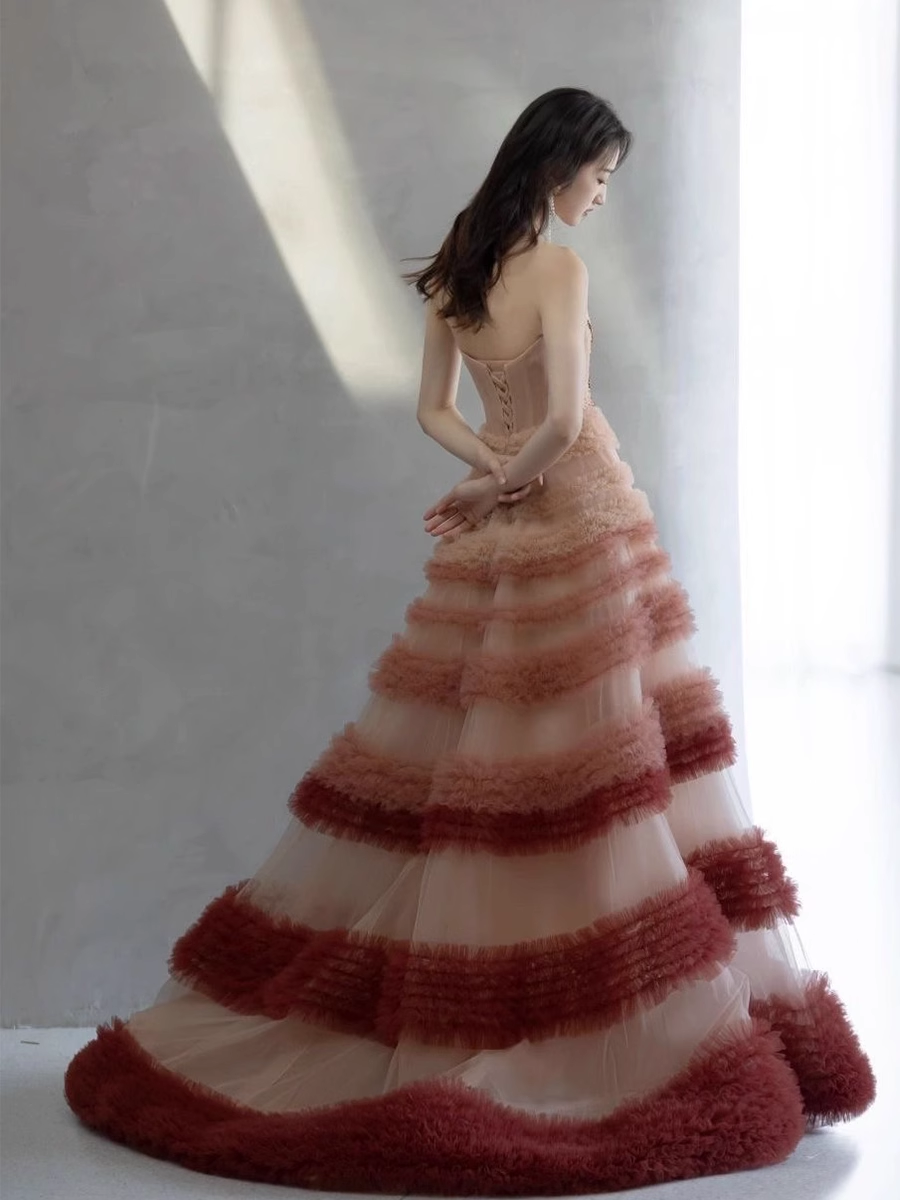 Modest Ball Gown Strapless Pink Tulle Flowers Long Prom Dresses P514